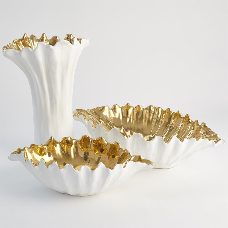 Organic Wave Oval Bowl-White-Lg, 5.75" H x 18.50" W x 10.50" D, White/Gold