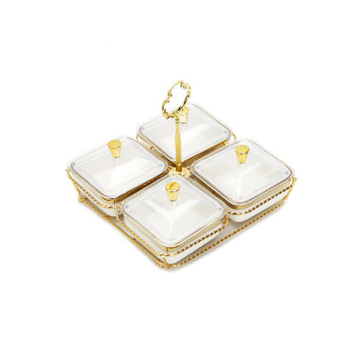 Plat à saveur en porcelaine blanche à 4 bols sur base dorée - L 8 po