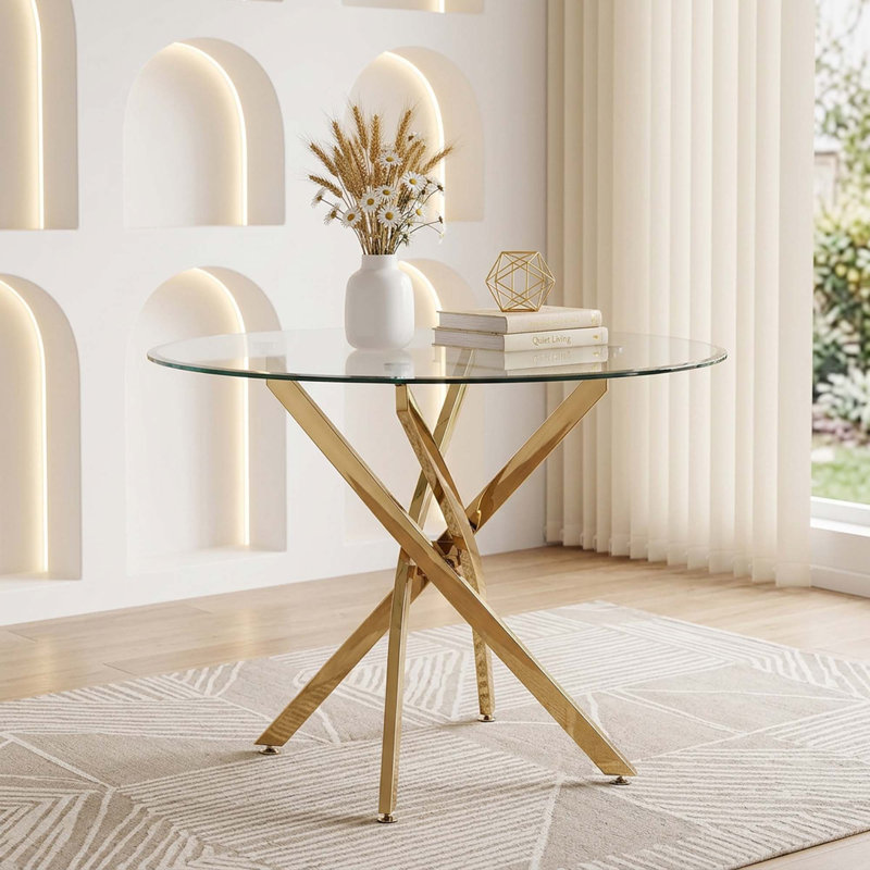 Lakeicha Round 36'' Glass Top Metal Base Dining Table, Gold