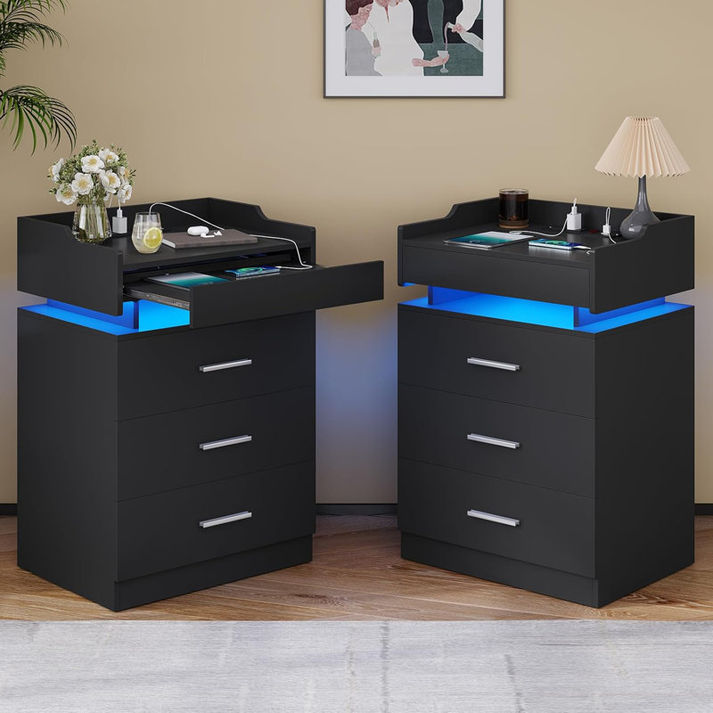 Led Nightstand Set Of 2, Large Night Stand With Charging Station, Bedside Table With Pull-Out Shelf And 3 Drawers, Modern End Table Side Table With Storage