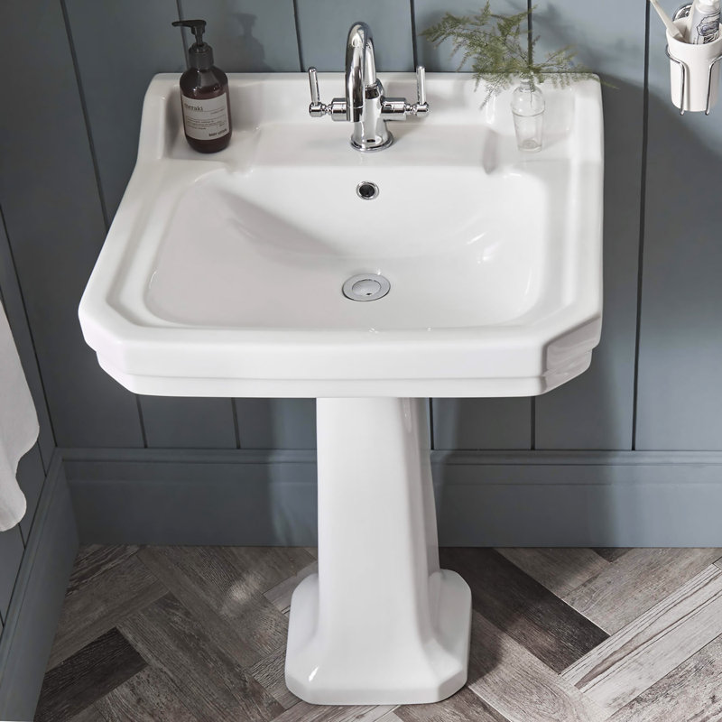 Whitehaus 24" Traditional Pedestal with Large Rectangular Bowl, Backsplash, Dual Soap Ledges, Decorative Trim and Overflow