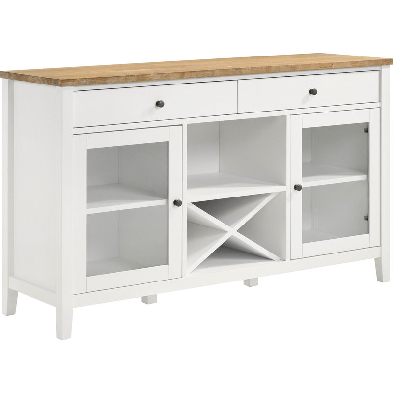 Buffet Coastal 2 portes avec plateau en bois naturel, base blanche et rangement pour articles de bar