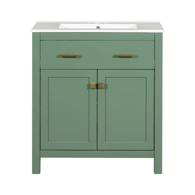 Meuble-lavabo moderne simple avec lavabo en céramique, 2 portes à fermeture douce et 1 tiroir coulissant, Vert, Or
