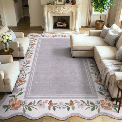  Floral Scalloped Rug Vintage Boho Washable Area Rug Soft Bedroom Rugs Non-Slip Throw Carpet