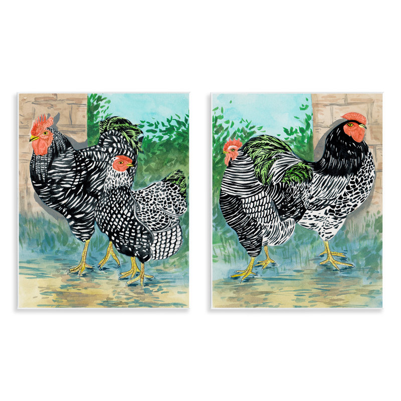 Ensemble de 2 plaques murales coq et poule en quête de nourriture par Melissa Wang