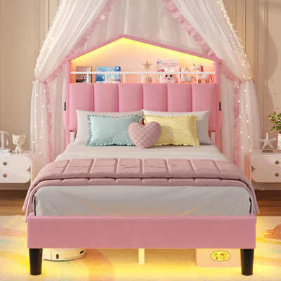 Bed With Led Lights, Velvet House-shaped Storage Headboard With Charging Station