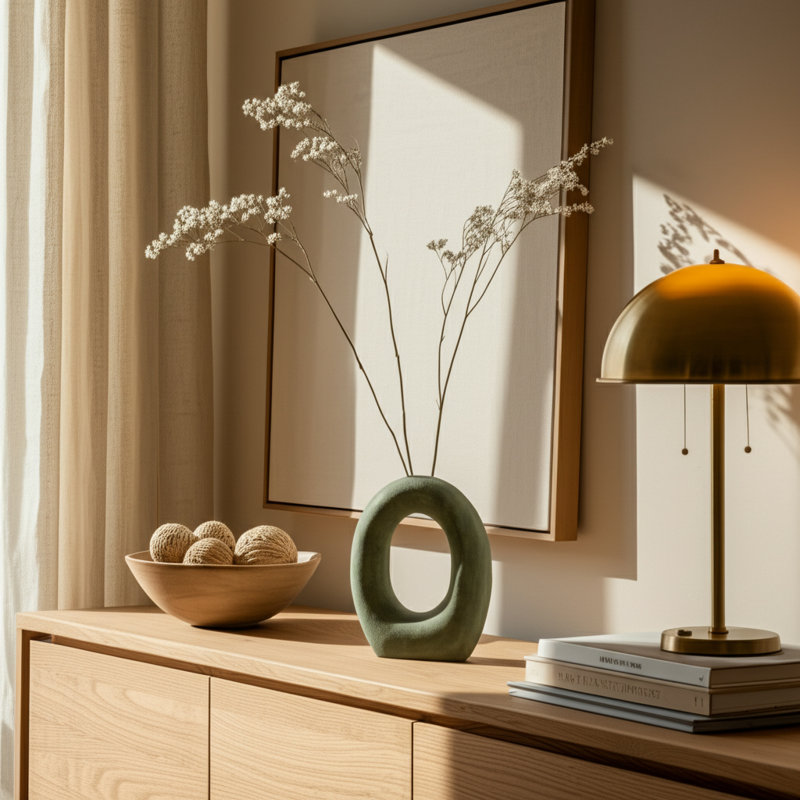 Stoneware Ceramic Vase with Sculptural Circular Design and Textured Detail, Modern Contemporary Sleek Decorative Accent