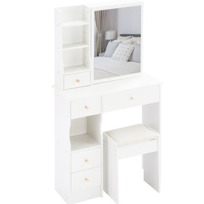 American Style 50.4" Tall White Vanity Table With Left Drawer, Right Sliding Mirror, Multi - Layer Storage And Cushioned Stool For Small Spaces 29.2" Long Design Bedrooms