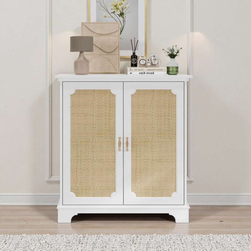 White Rattan Cabinet - Farmhouse Buffet Storage Cabinet with Adjustable Shelves, Kitchen & Living Room Decor (31.1"L x 15"W x 34.25"H)