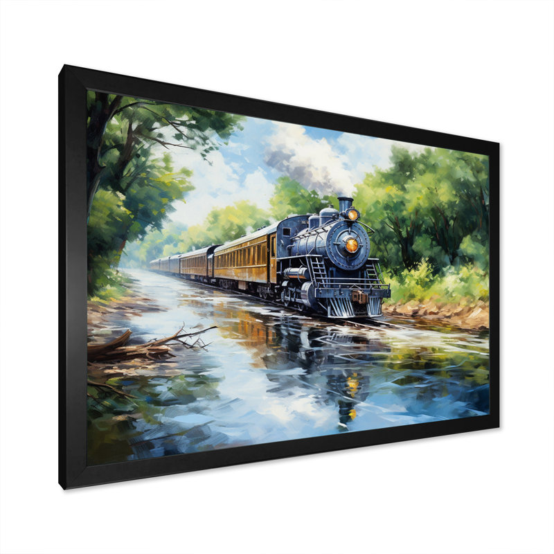 Steamtrain Travelling In The Sunset, peinture - train, art mural, H 24 po x l 32 po x P 1 po, Cadre noir