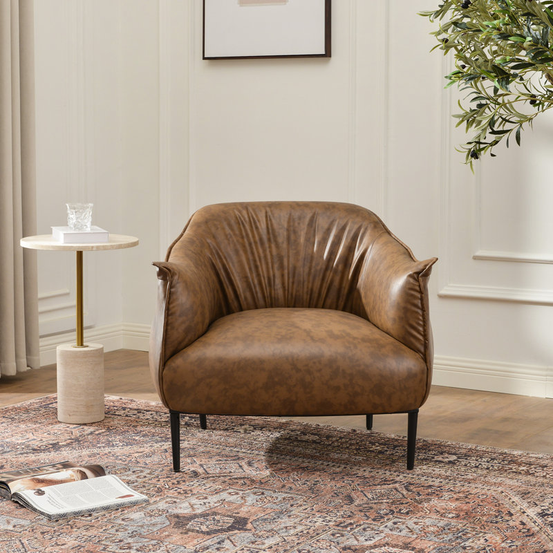 Arloh 33" Wide Faux Leather Barrel Chair with Pleated Backrest Metal Legs, Coffee