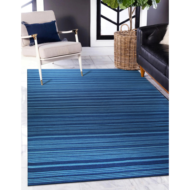 Tapis bleu en laine à tissage plat Lafonda, Rectangle 8 pi x 10 pi