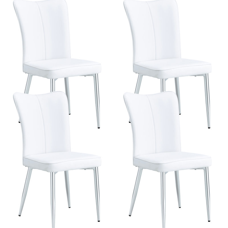 Ensemble de 4 chaises de salle à manger, sièges en cuir PU blanc, système de soutien du dossier confortable, bureau minimaliste moderne en métal argenté, cuir, profilé