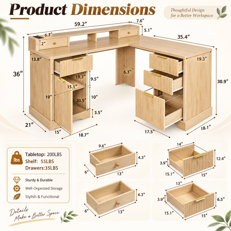 Bureau d'ordinateur de direction Aurora en forme de L avec station d'alimentation et port USB-C, bureau d'angle Japandi avec support d'écran réglable et tiroir à dossiers suspendus