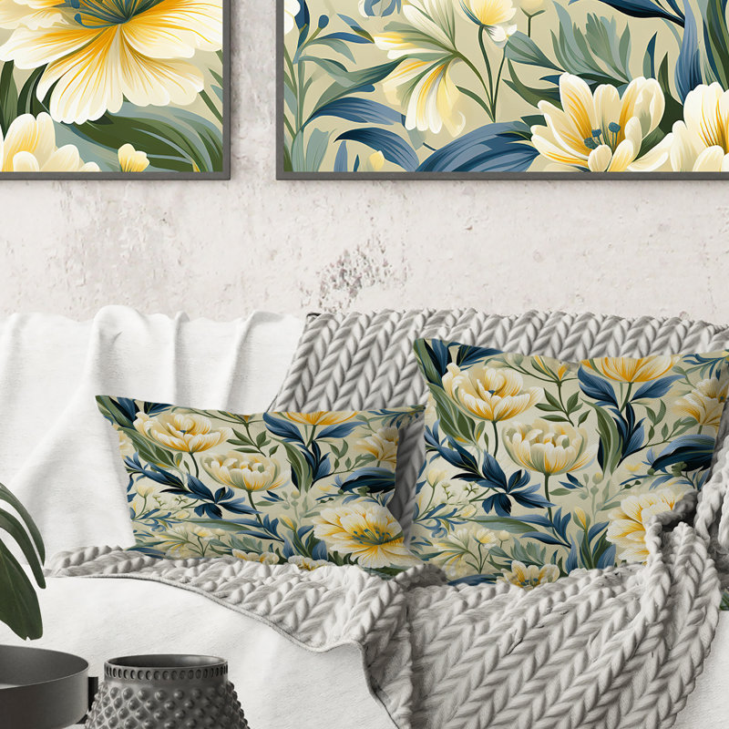 Ikat Haven botanique jaune et vert - coussin à imprimé floral