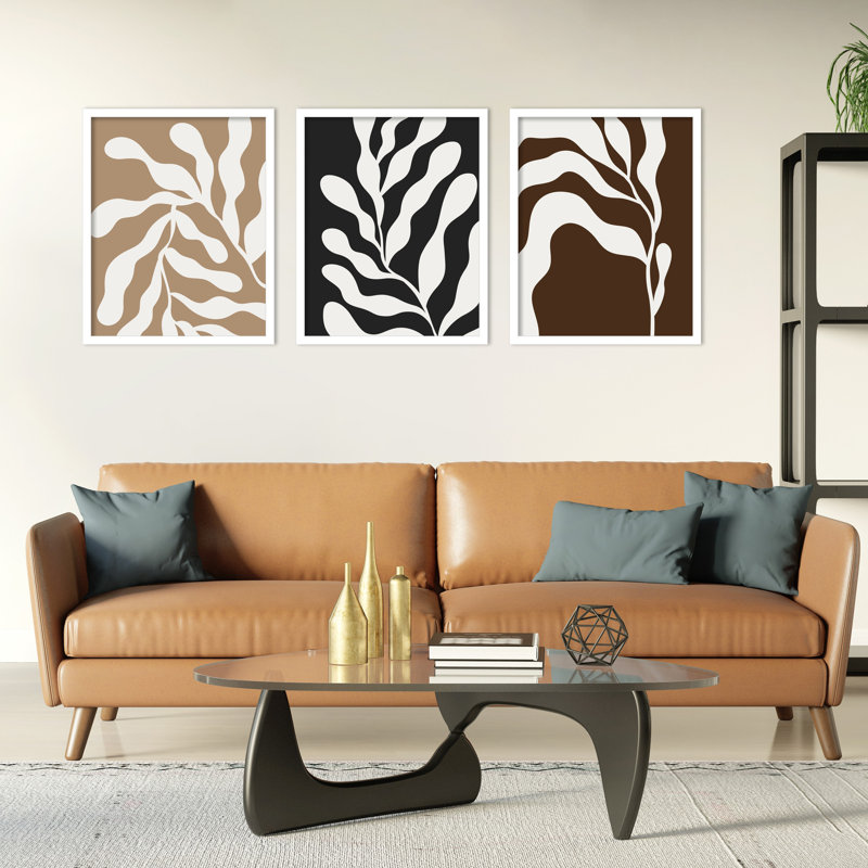 Retro Matisse Inspired Abstract Botanical - 3 Pieces by Erminia, 56" W x 21" H, White