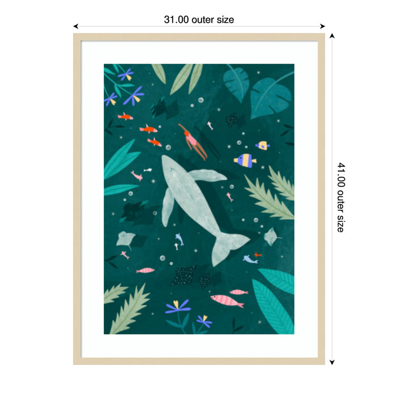 «Natation avec une baleine» par Bea Muller, reproduction d'art murale en bois encadrée, H 41 po x l 31 po