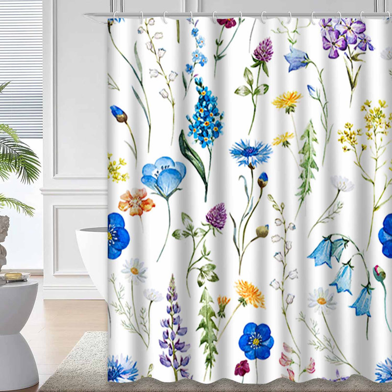 Rideau de douche aquarelle avec fleurs blanches et bleu sarcelle avec 12 crochets, L 72 po x l 84 po