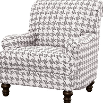 Grey Upholstered Chair With Tailored English Arms, Rolled Back, And Brown Finish Turned Legs For Primary Living Zone