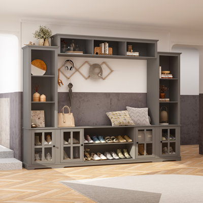 Starlin 102" Wide Entryway Hall Tree With Multi Shelves And Glass Door Cabinets by Wildon Home