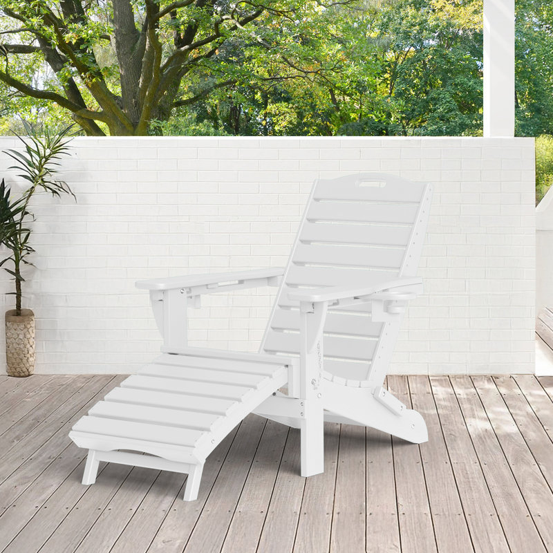Firepit Chairs Wood Texture Foldable Adirondack Chair With Ottoman and adjustable backrest, White