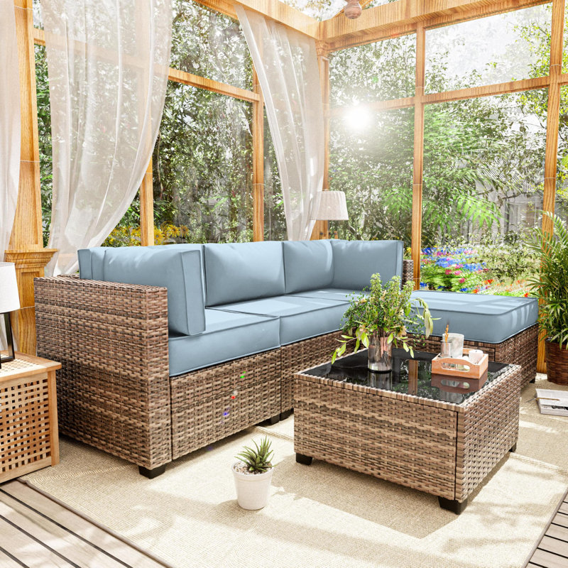 9-Piece Outdoor Replacement Cushion Set Seat/Back Cushion (Set Of 3 Seats , 5 Backs,  1 Footrest), Sky Blue