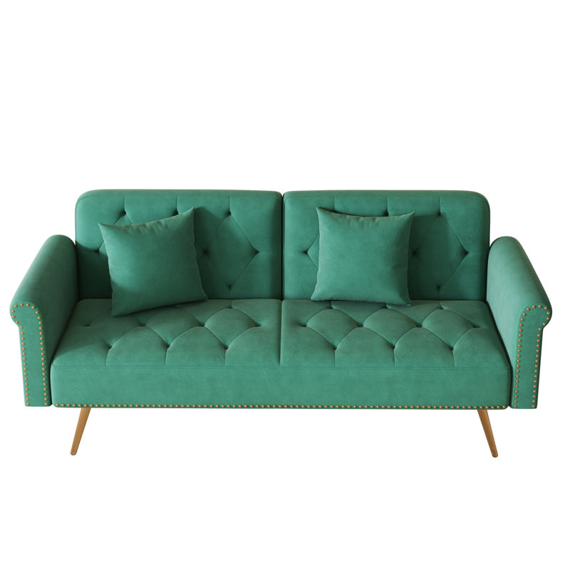 69,7 po de long, velours, lit 2 places, chambre à coucher, style moderne, garniture cloutée, pieds en métal doré, dossier et siège en éponge, assemblage en un rien de temps, méthode simple