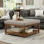 Grande table basse carrée avec repose-pieds capitonnée en lin et tablette en bois massif | Idée de cadeau-1497249665