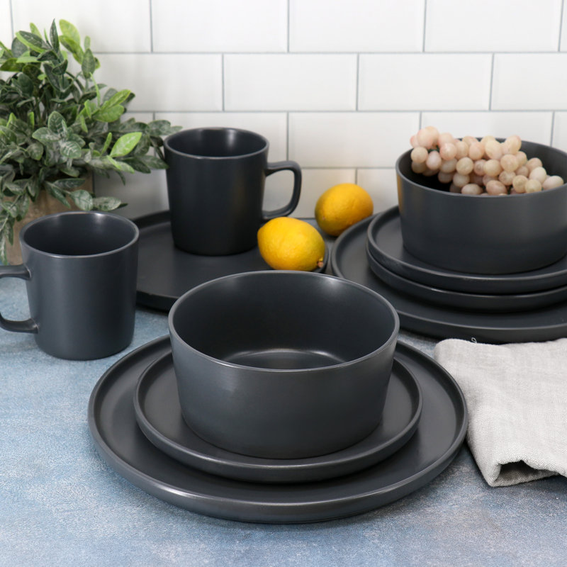 Ebern Designs Luxmatte 16 Piece Dinnerware Set, Dark Gray
