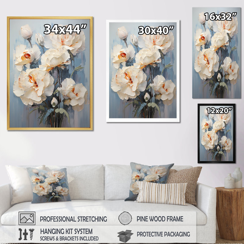 Œillets beiges sur fond bleu II sur toile, Cadre flottant noir, H 20 po x l 12 po x P 1 po