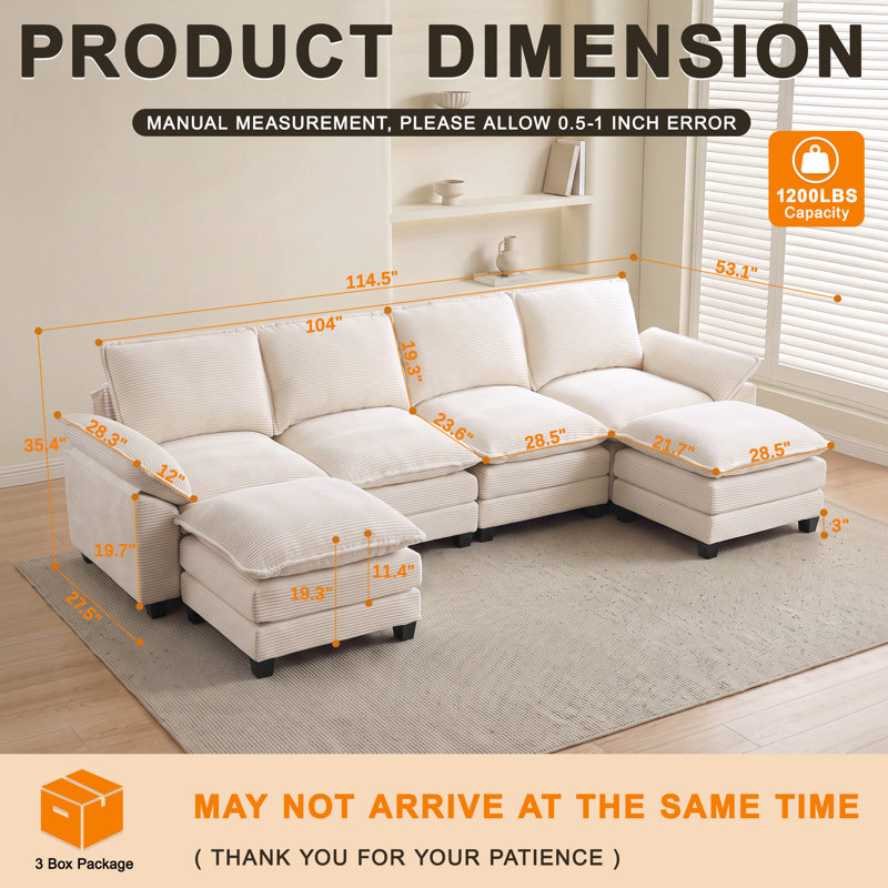 Canapé Cloud en velours côtelé avec accoudoirs extra-larges, 124"U, Beige