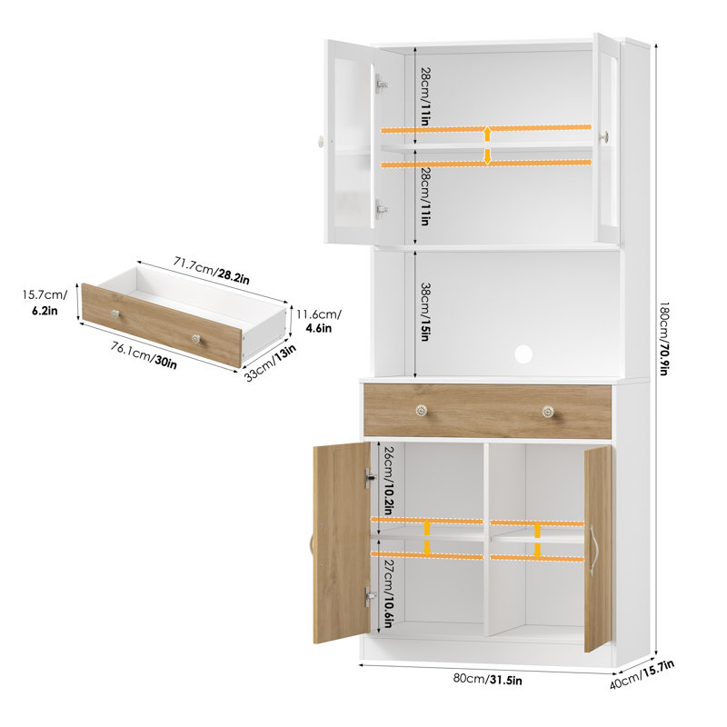 70.9"H X 31.5"W Tall Bookcase Cabinet With Glass Doors, Adjustable Shelves & Cable Cutout, White & Light Oak
