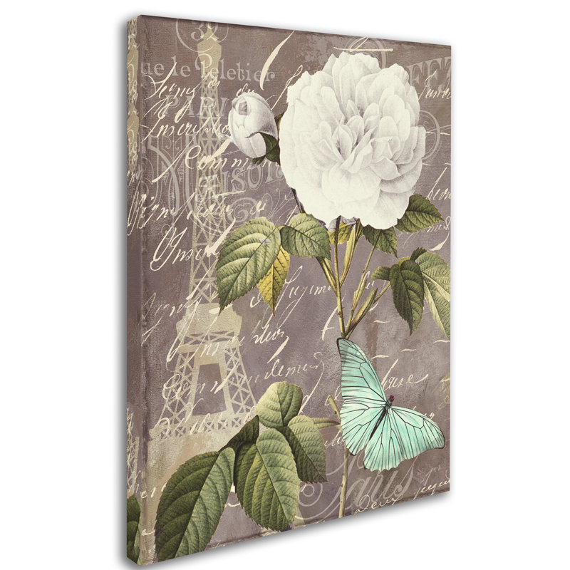 White Rose and Butterfly Canvas Art with Eiffel Tower Silhouette