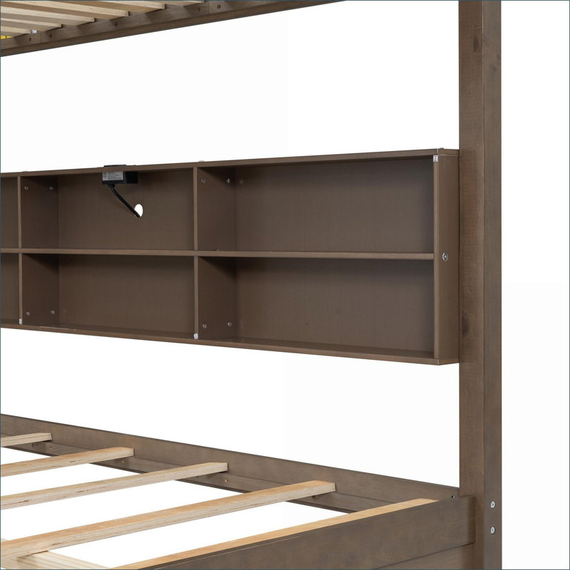 Lit superposé en bois de pin massif avec rangement en bois de pin massif pour lit double sans sommier, Bois