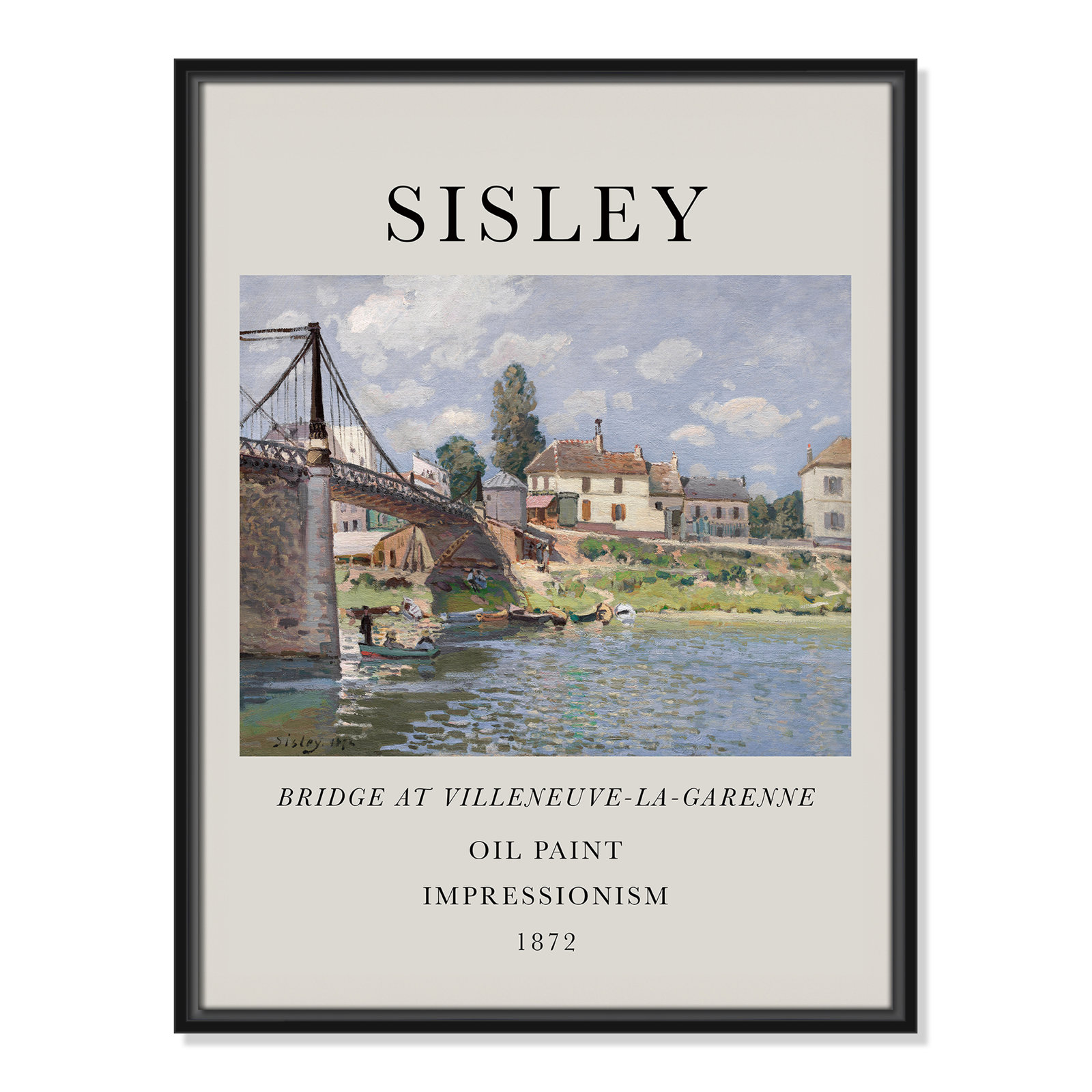 Old Masters Collection " The Bridge At Villeneuve " by Alfred Sisley, No, 25.5" H x 19.5" W x 2" D, Black Floater Frame