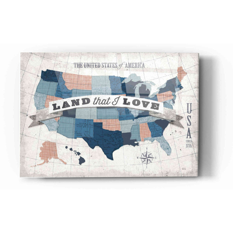 «USA Modern Vintage Blue Grey Red with Words» par Michael Mullan, art mural en verre acrylique, H 12 po x l 16 po x P 0,12 po