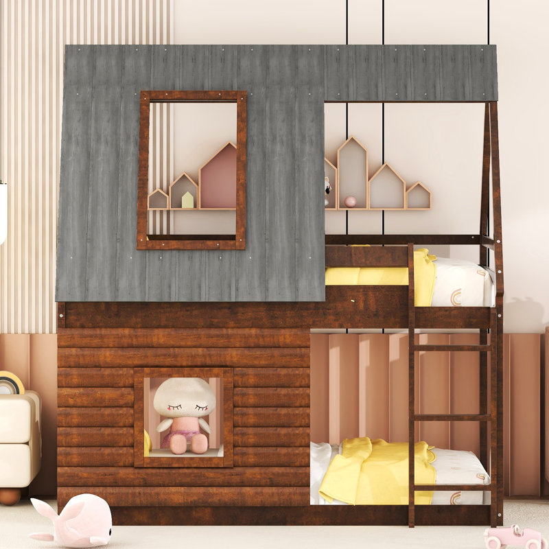 Lit superposé simple avec toit et 2 fenêtres - Fabrication en bois gris chêne fumé pour la chambre à coucher