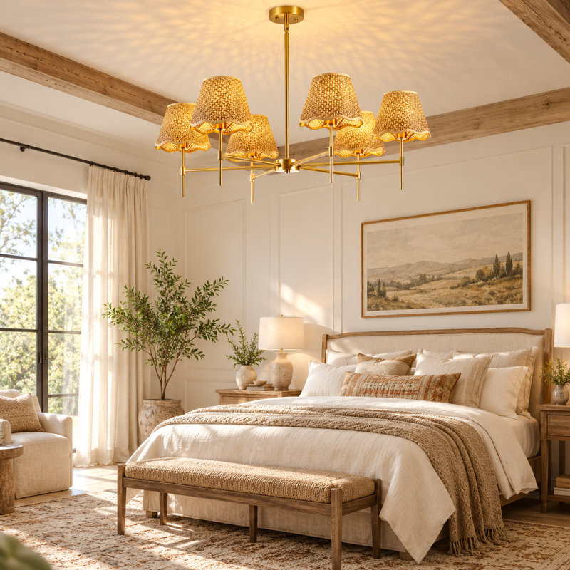 Lustre bohème en rotin doré à 6 lumières, suspension imposante de 95 cm (37,4 po) avec hauteur réglable, 6 lumières