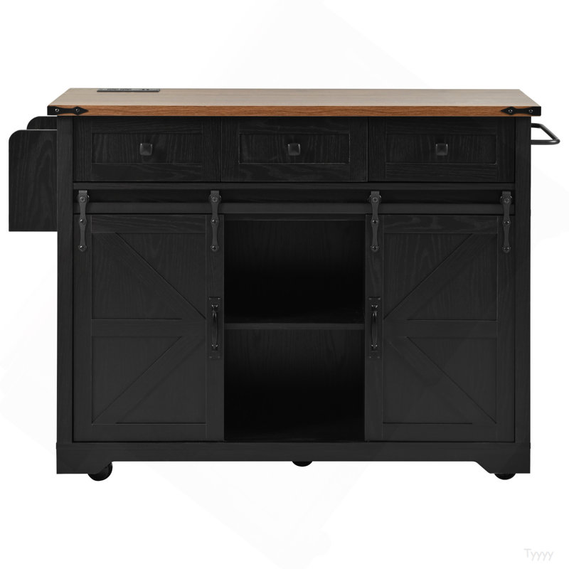 53.7" Farmhouse Kitchen Island With Power Outlet, 2 Sliding Barn Door Kitchen Storage Island With Drop Leaf, Spice Rack Rolling Kitchen Cart On Wheels, For Home, Kitchen And Dining Room, Black