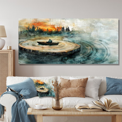Pêche tranquillité en bois diapositive paysage II - bateau pêche art mural pour le salon