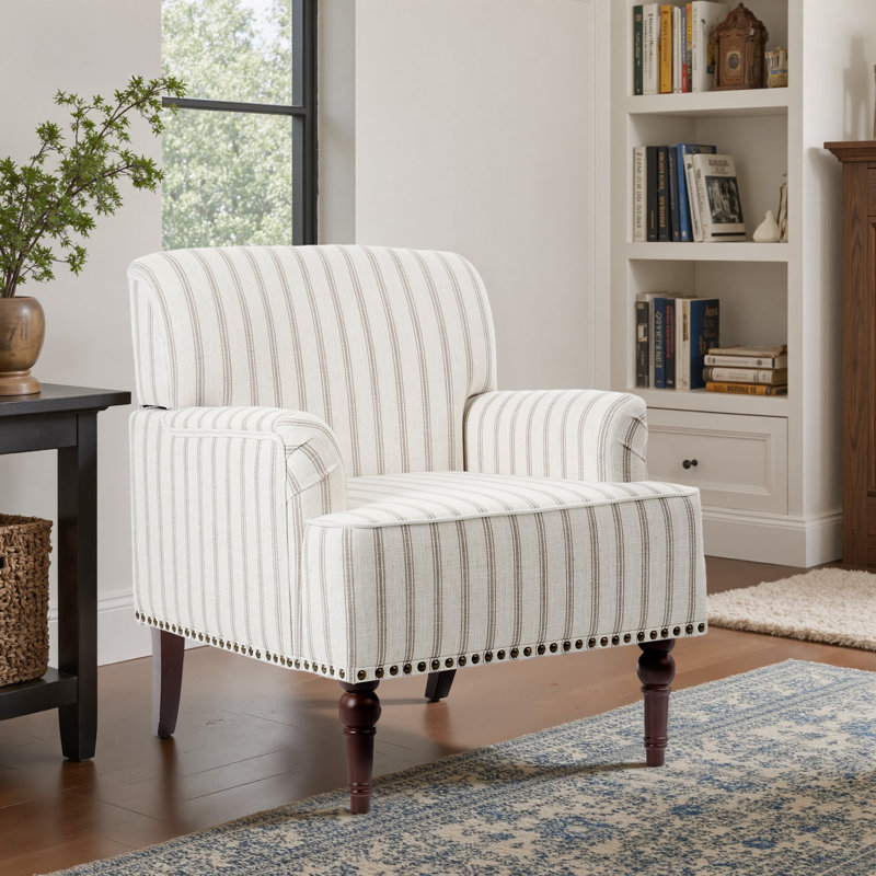 Iliana Armchair with Solid Wood Legs and Nailhead Trim, Pinstripe Light Brown
