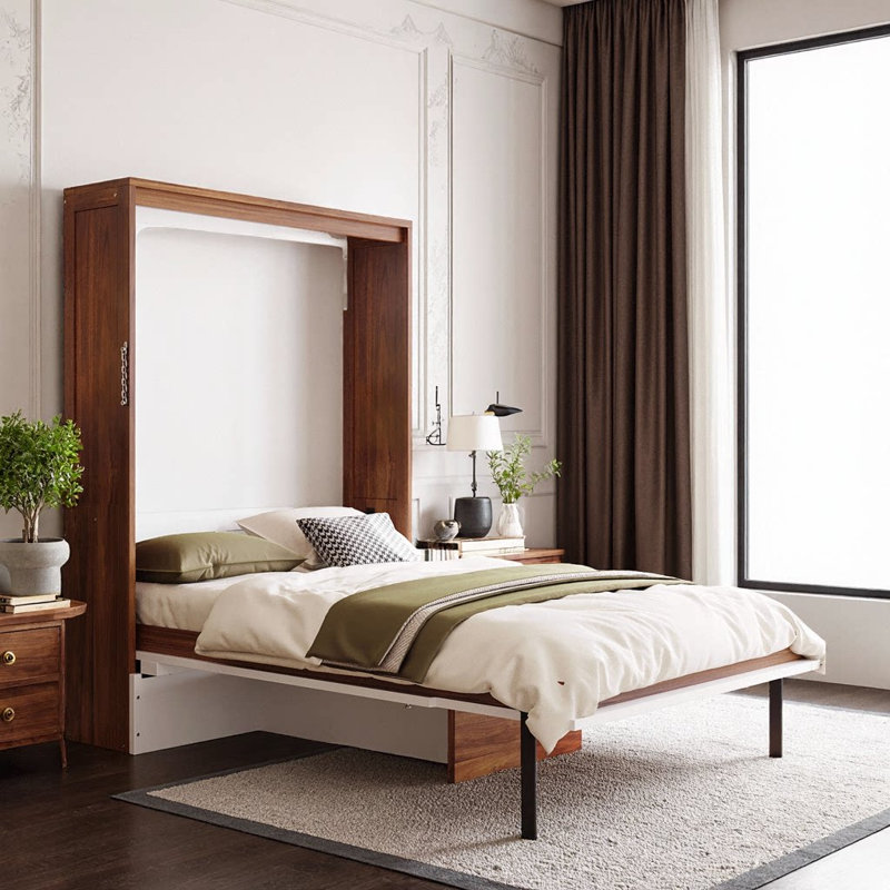 Lit escamotable double moderne avec bureau pliable moderne - Solution compacte en noyer et blanc, Noyer et blanc