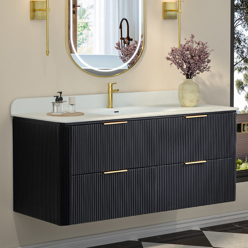 Ensemble de meuble-lavabo mural 48 po noir avec armoire en bois massif et comptoir une pièce en acrylique, Noir, Doré