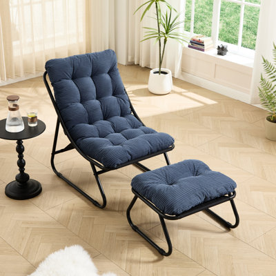 Méridienne d'extérieur avec fauteuil inclinable Puffy, pour l'intérieur et les espaces, structure noire, coussin bleu marine, capacité de 300 livres, acier thermolaqué, tabouret de pieds en velours côtelé 300g, utilisation,