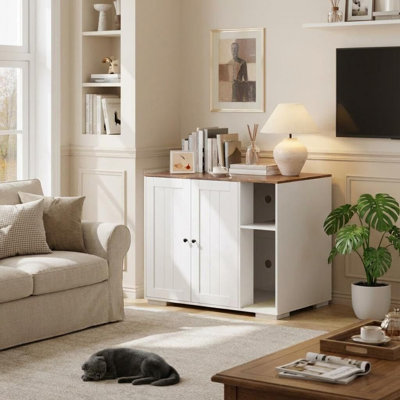 Meuble à litière pour chat avec prise de courant, armoire à litière cachée avec cloison de rangement et portes doubles, table d'appoint en bois pour salle de toilette pour chat