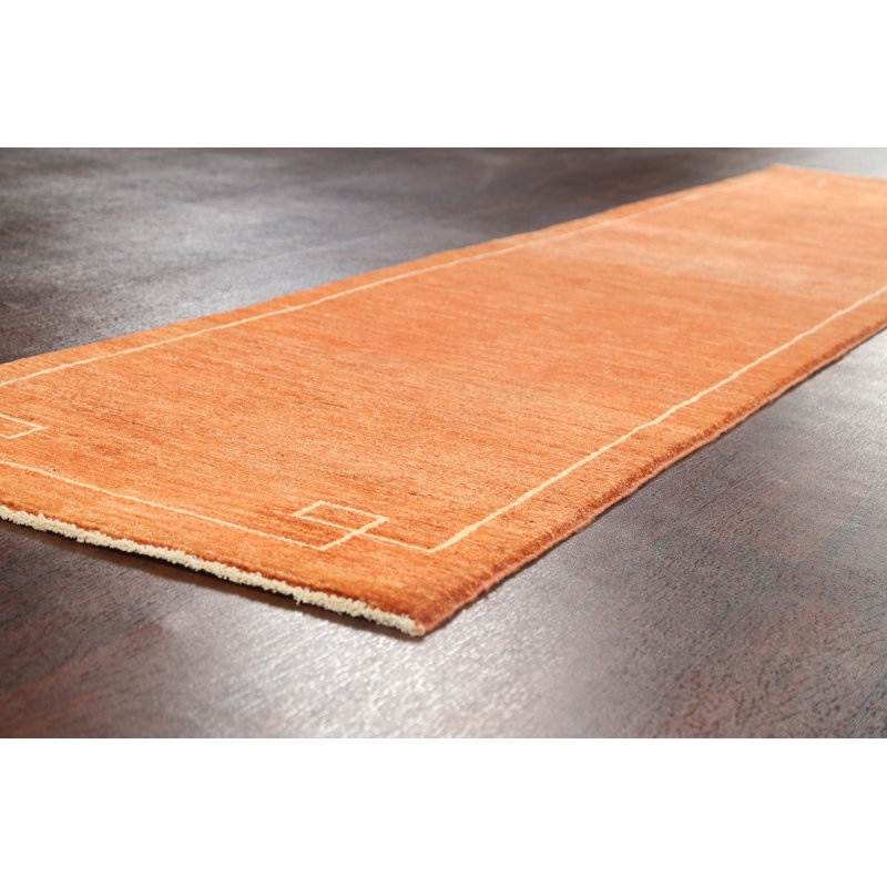 Tapis de couloir orange en laine noué à la main de conception unique 2 pi 6 po x 10 pi 2 po New Age