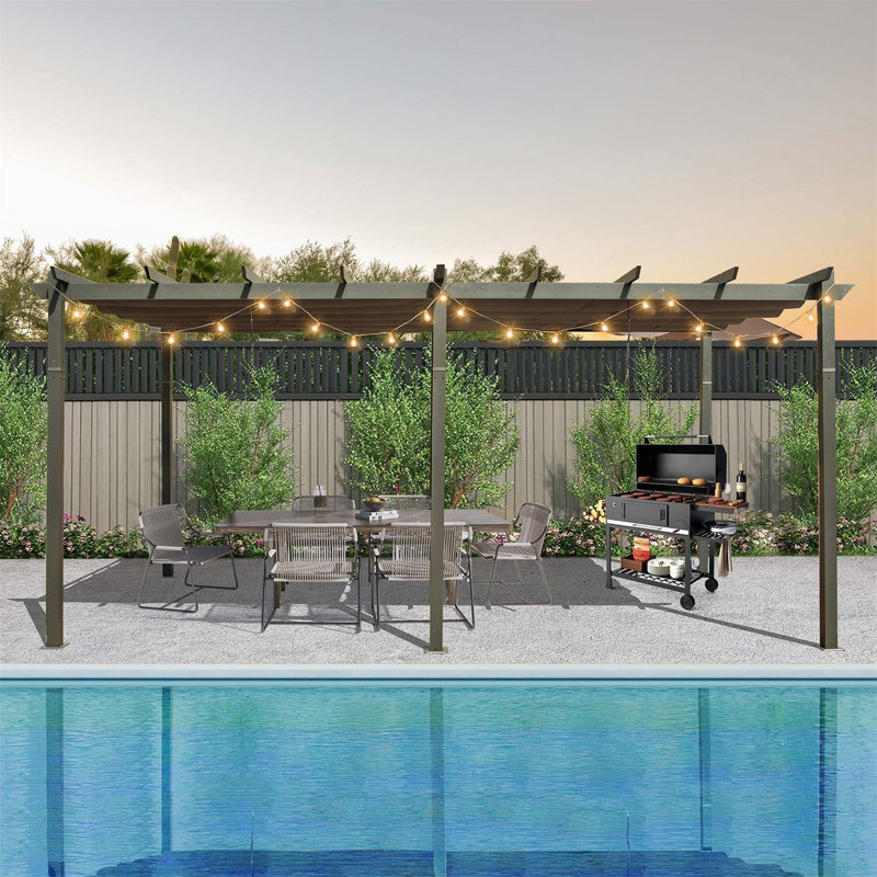 Pergola rétractable d'extérieur de 11 pi avec abri de jardin en aluminium pour terrasse, Gris foncé