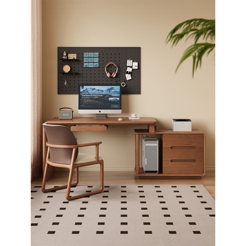 Modern Minimalist Retractable L-shaped Desk&Office Desk, 29.53" H x 66.9" W x 53.43" D, Brown