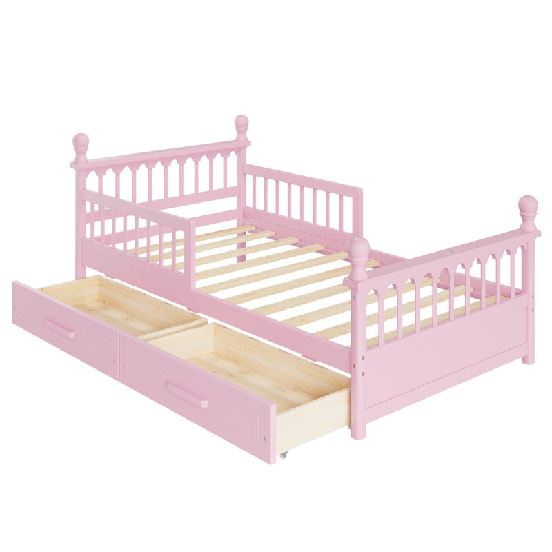 Cadre de lit enfant une place avec 2 tiroirs de rangement, lit plateforme en bois avec barrières de sécurité, design bas, sommier à lattes robuste, aucun sommier à tapissier nécessaire