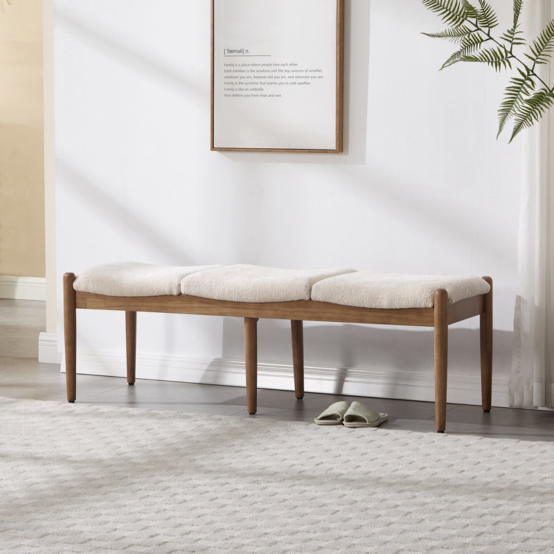 3-Person Upholstered Bench With Solid Wood Frame, Framhouse Bench For Bedroom/End Of Bed/Entryway, Beige/Light Brown